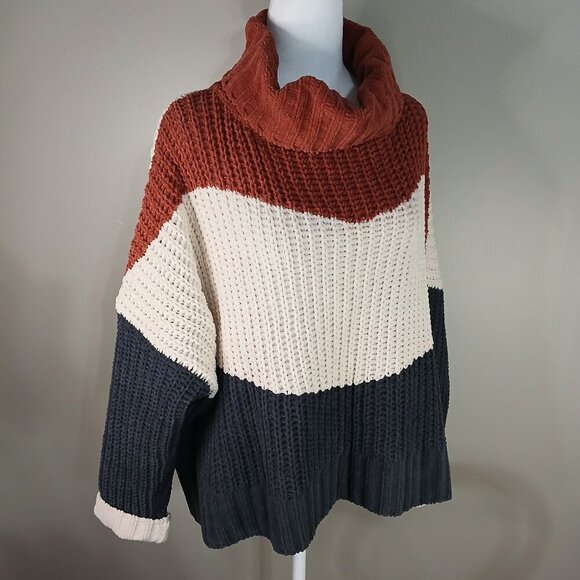 POL OVERSIZED TURTLENECK SWEATER BOLD CHEVRON STRIPES RUST CREAM NAVY WOMENS MED - Picture 2 of 8